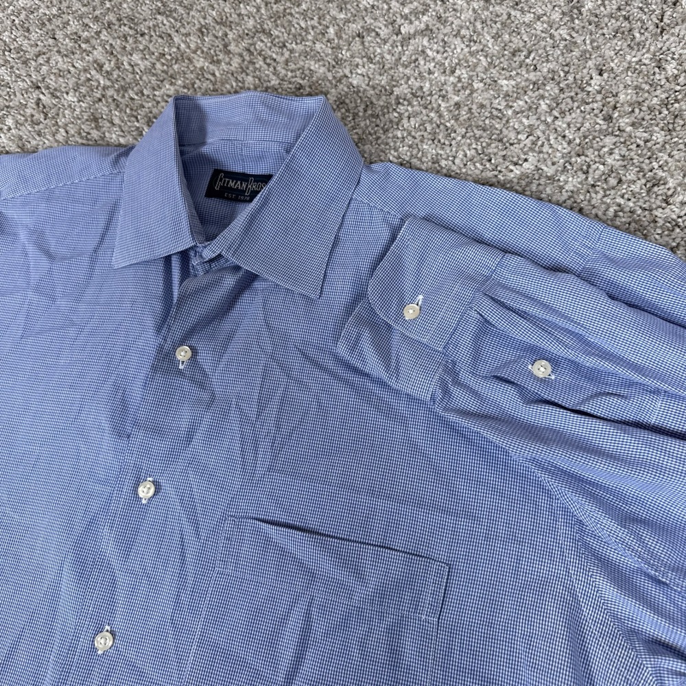 Gitman Bros‎ Button Mens 16 34 Blue Gingham Micro Check Cotton USA